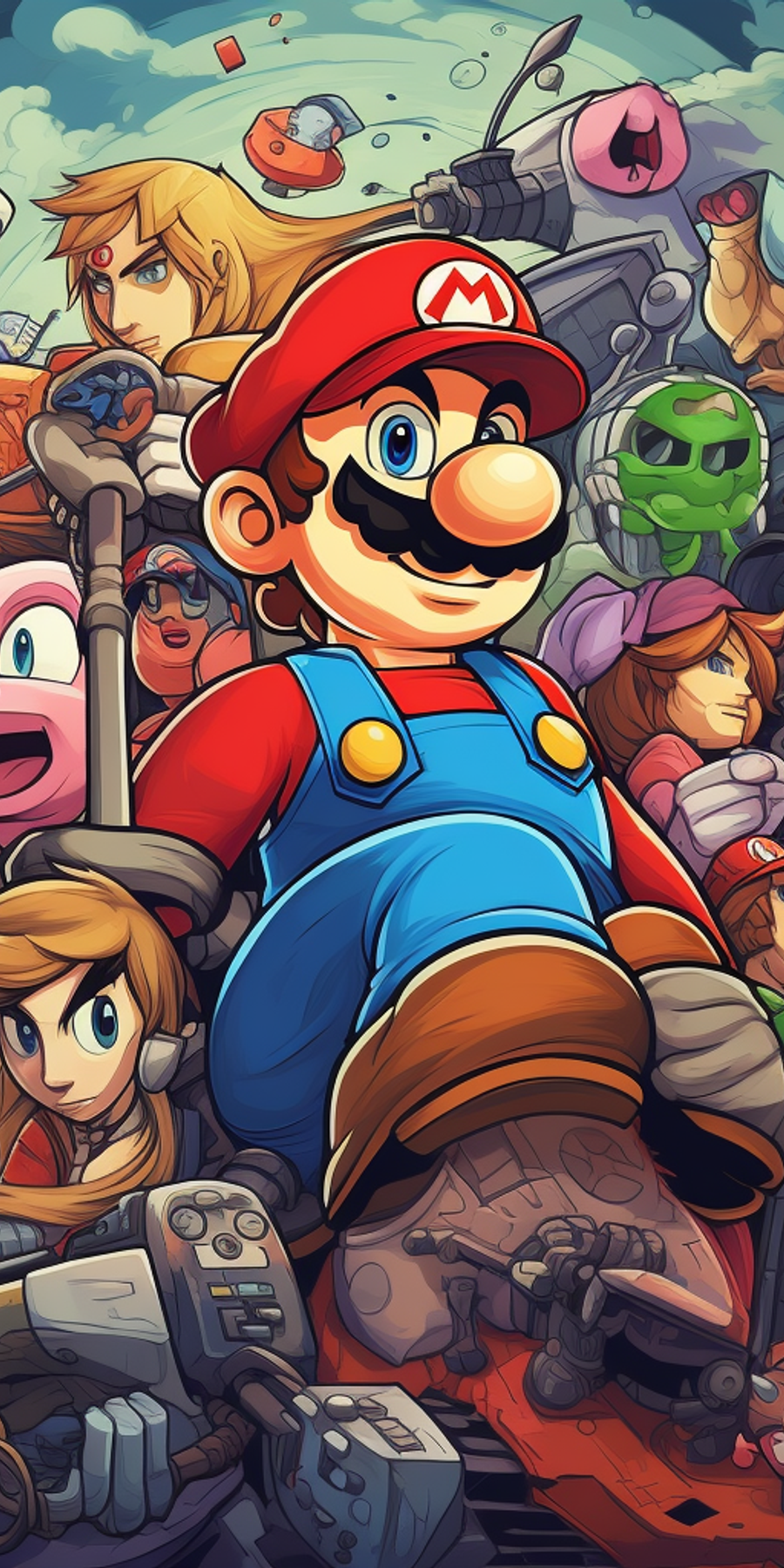 A cartoon style collage of nintendo video game characters