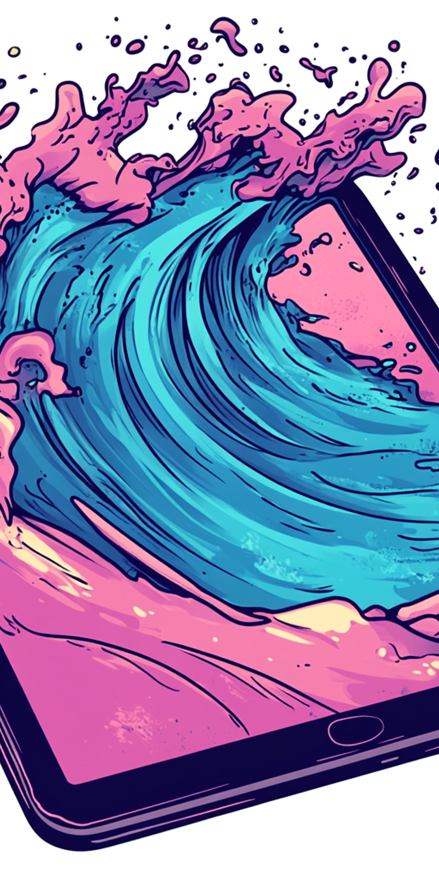 A computer tablet with a picture of an ocean wave splashing out of its screen