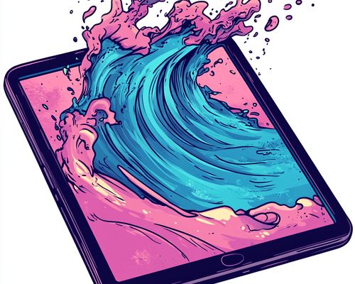 A computer tablet with a picture of an ocean wave splashing out of its screen