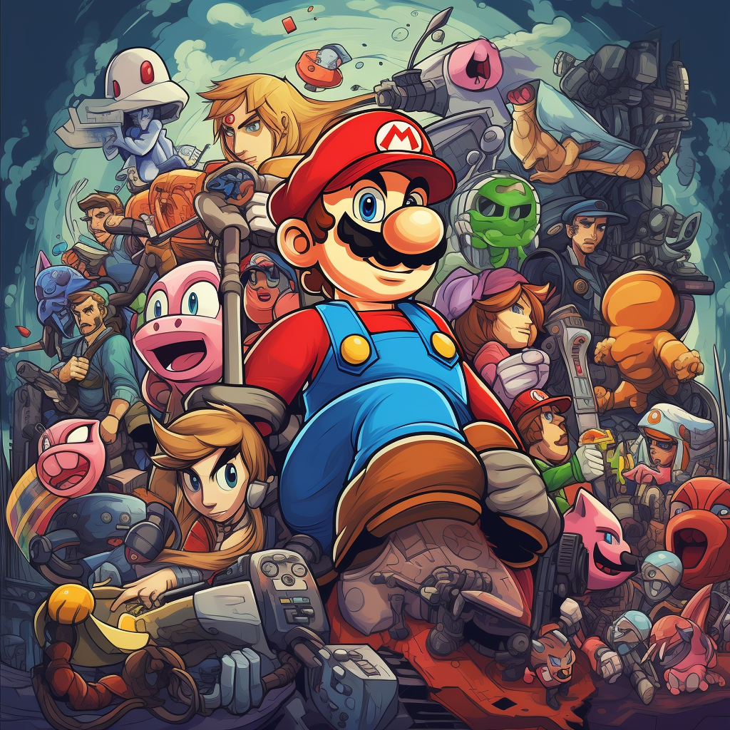 A cartoon style collage of nintendo video game characters
