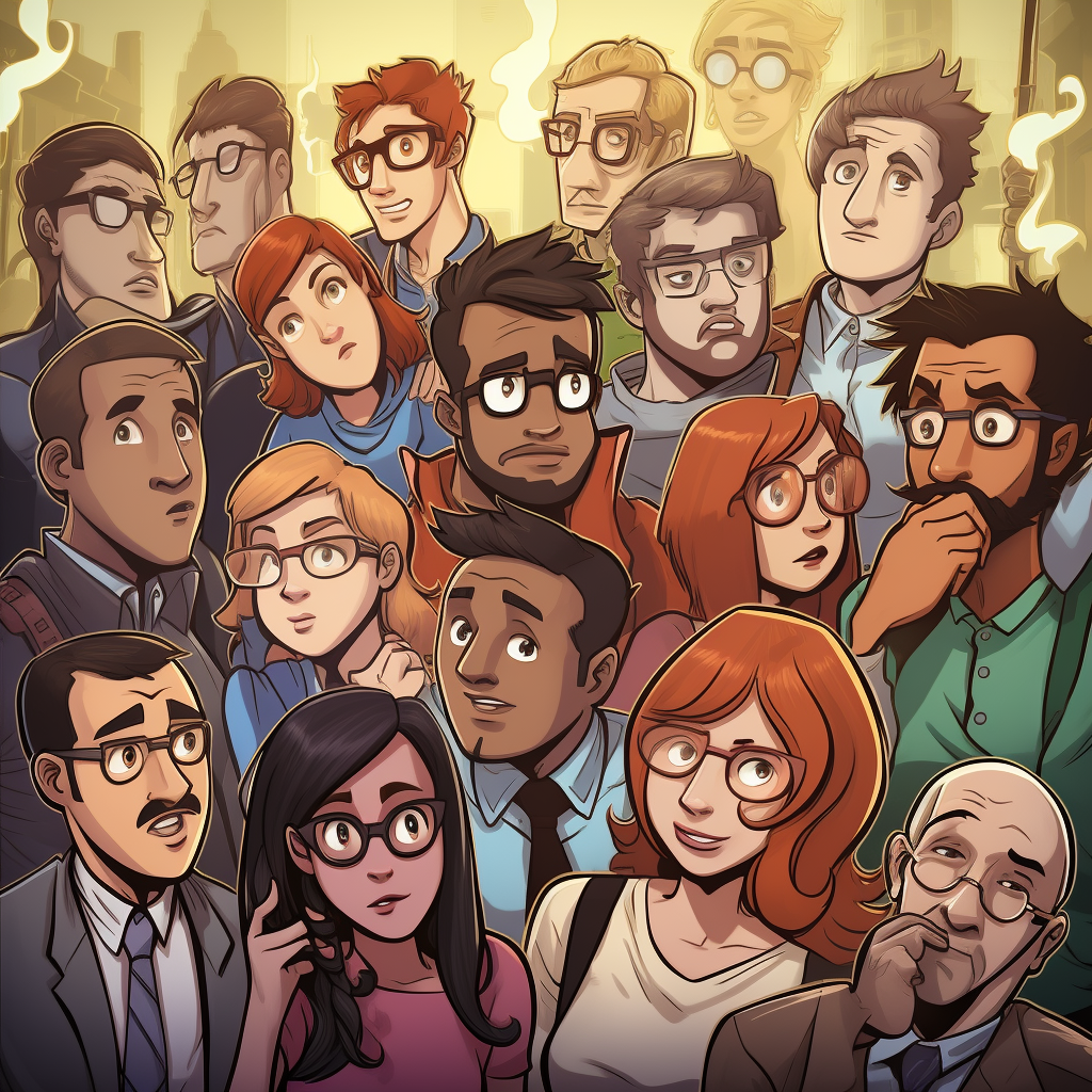 A group of people in a cartoon style drawing standing together with various faces
