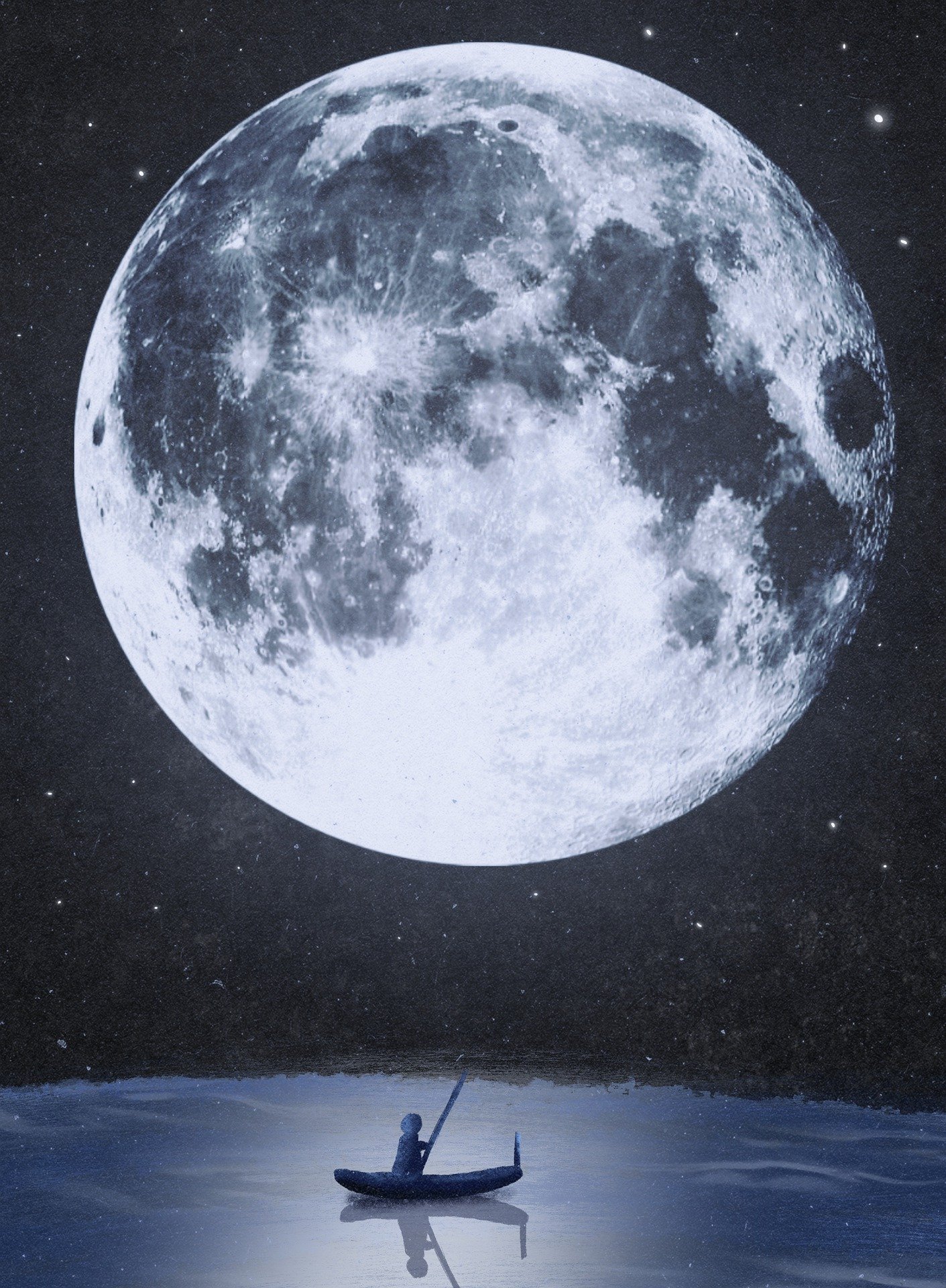 A boat in a ocean of water sitting below a bright moon