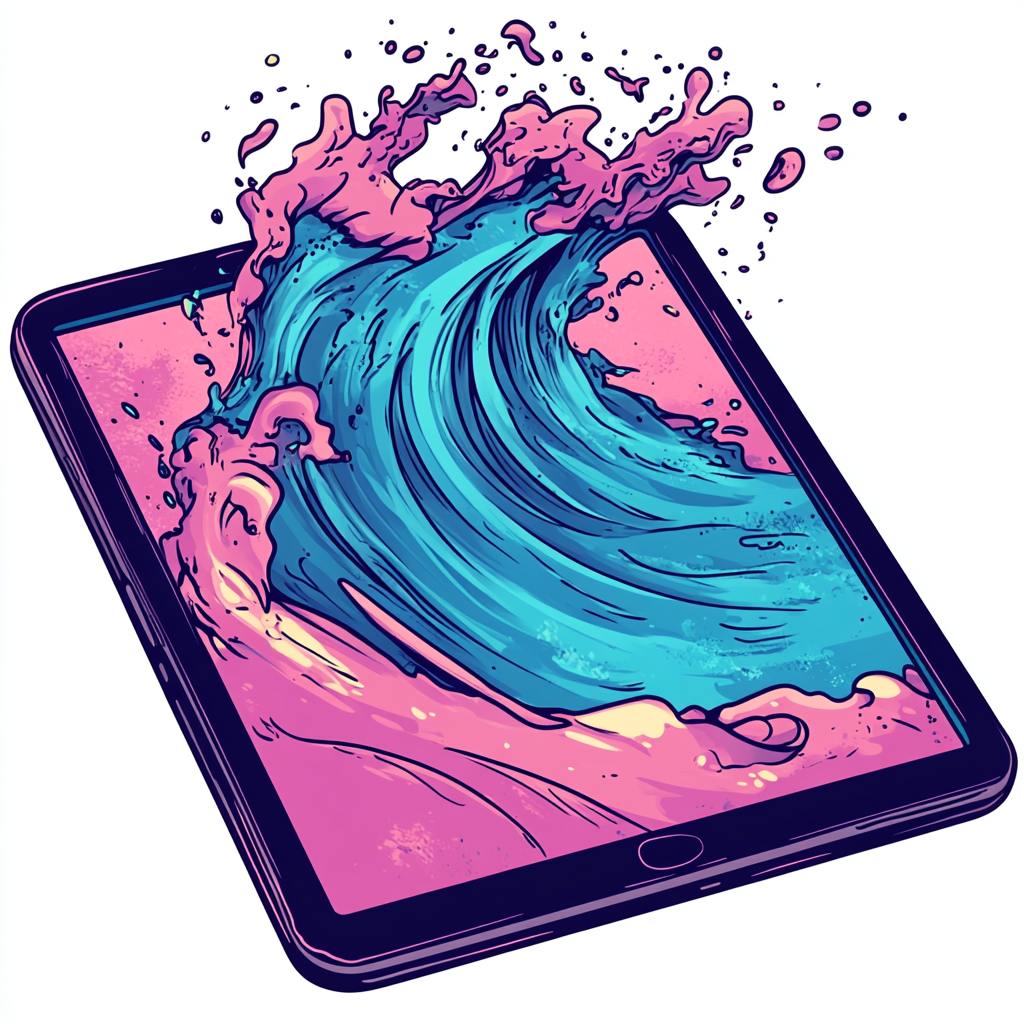 A computer tablet with a picture of an ocean wave splashing out of its screen